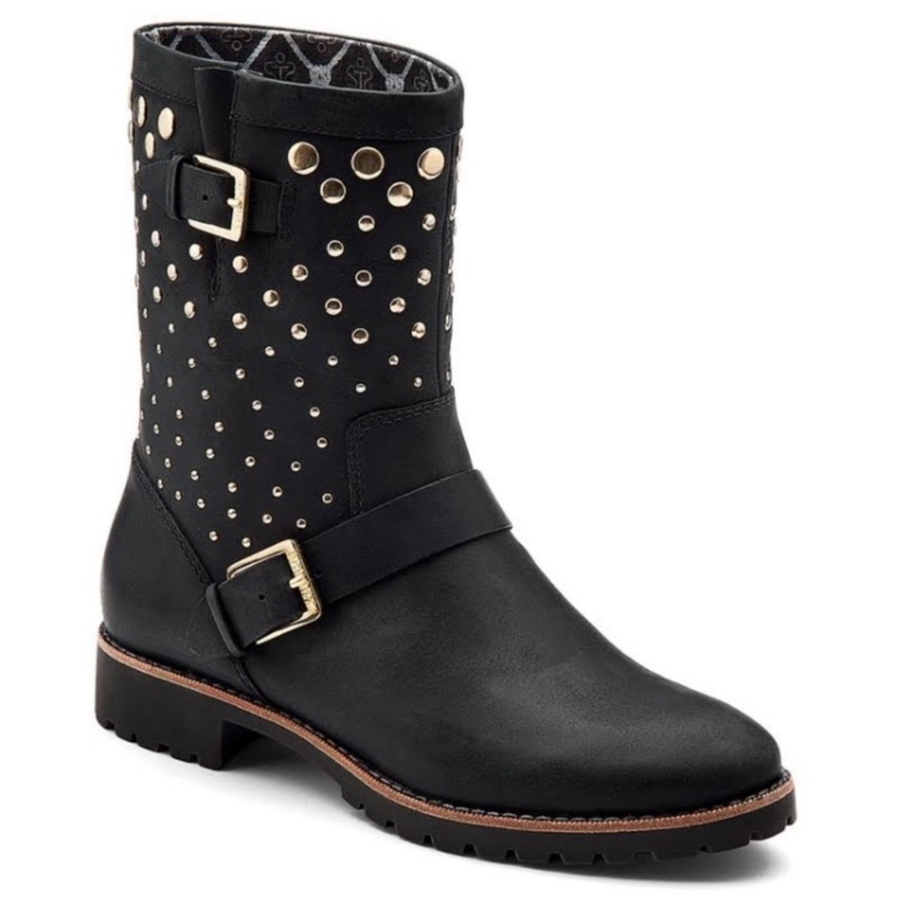Sperry Black Leather Gold Studded Mid-Calf Mott Boots size 9.5
